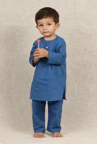 Set Of 2: Asher Blue Cotton Kurta & Pyjama image 1