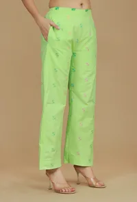 Lime Green Booti Embroidered Cotton Viscose Pants image 3