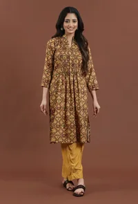 Mustard Brown Patola Inspired Printed Tussar Silk Pleated Kurta image 1