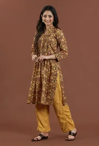 Mustard Brown Patola Inspired Printed Tussar Silk Pleated Kurta image 2