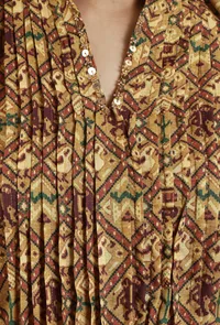 Mustard Brown Patola Inspired Printed Tussar Silk Pleated Kurta image 5