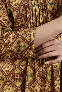 Mustard Brown Patola Inspired Printed Tussar Silk Pleated Kurta image 6