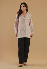 Blush Khadi Cotton V-Neck Button-Down Long Kurta image 1