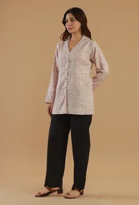 Blush Khadi Cotton V-Neck Button-Down Long Kurta image 3