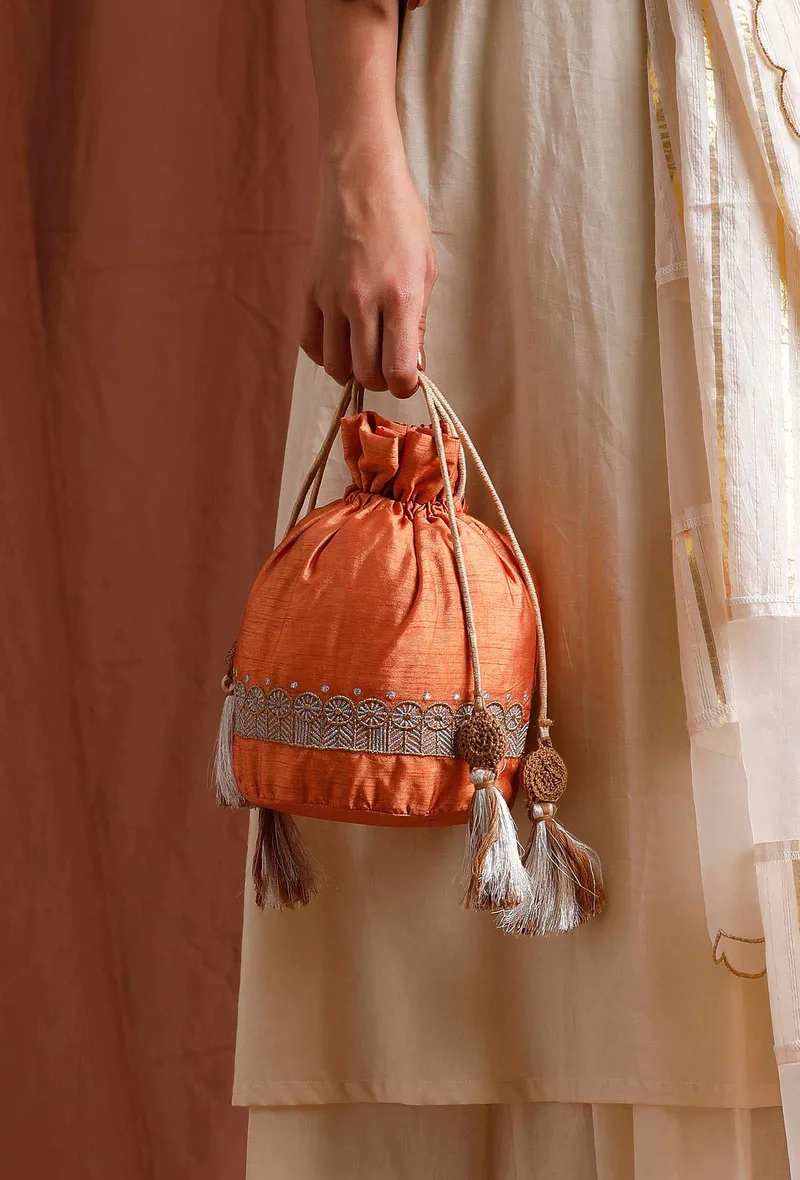 Tangerine Orange Dupion Silk Potli with Beige Strings