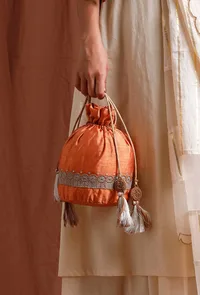 Tangerine Orange Dupion Silk Potli with Beige Strings image 1