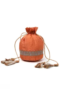 Tangerine Orange Dupion Silk Potli with Beige Strings image 2