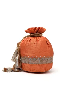Tangerine Orange Dupion Silk Potli with Beige Strings image 3