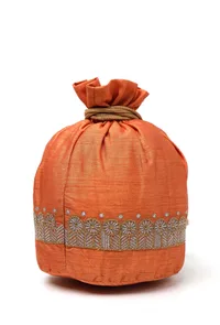 Tangerine Orange Dupion Silk Potli with Beige Strings image 4