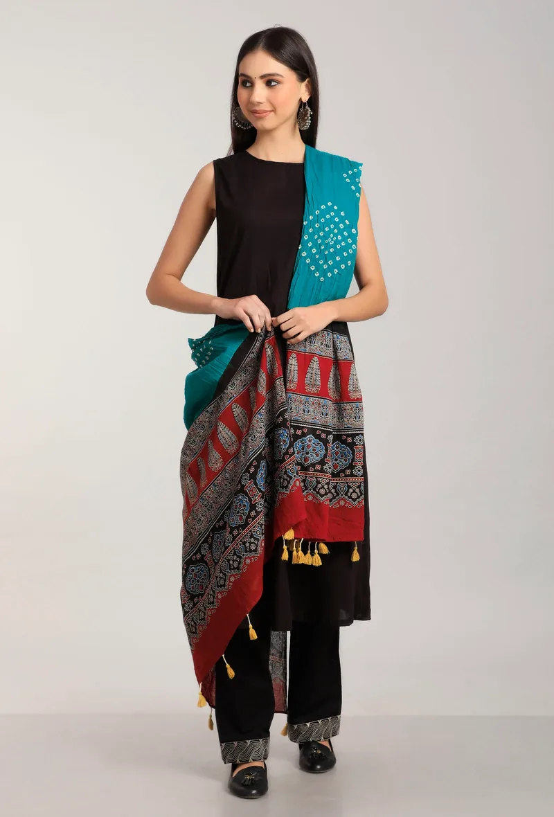 Saral Blue and Red Ajrakh-Bandhani Cotton Dupatta