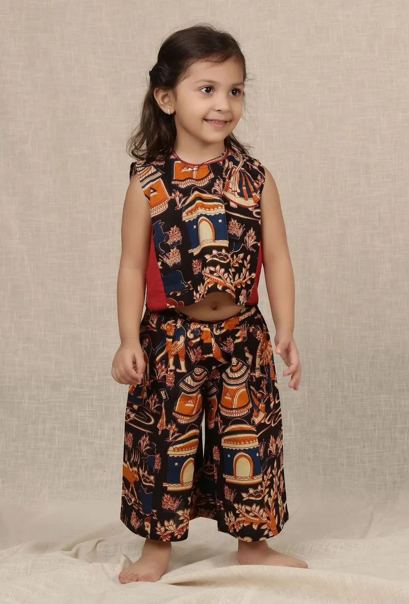 Set Of 2: Oorja Black Kalamkari Short Cotton Top & Palazzo Pant