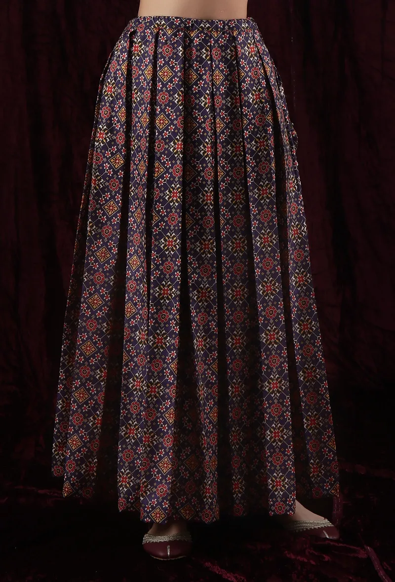 Russian Violet Viscose Tussar Silk Patola Box-Pleated Skirt