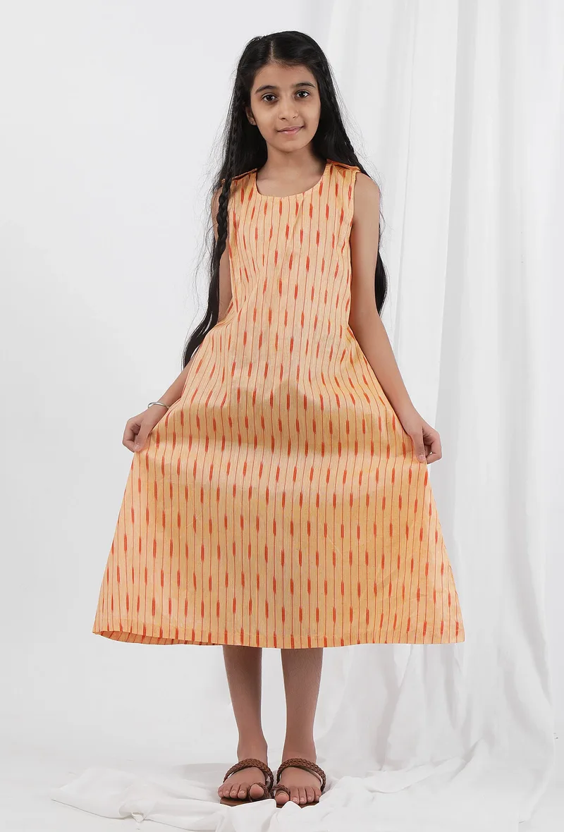 Orange Ikat Flared Cotton Dress