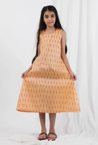 Orange Ikat Flared Cotton Dress