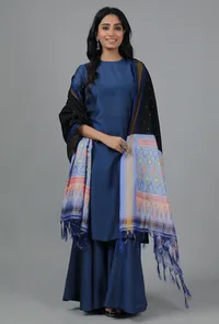 Black & Powder Blue Ikat Dupatta image 1