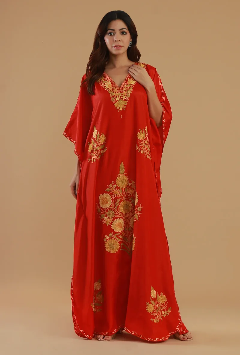 Aari Embroidered Red Satin Kashmiri Kaftan- Free Size