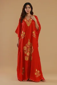 Aari Embroidered Red Satin Kashmiri Kaftan- Free Size image 1