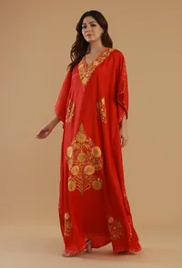 Aari Embroidered Red Satin Kashmiri Kaftan- Free Size image 2