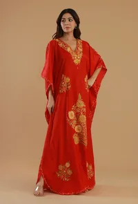 Aari Embroidered Red Satin Kashmiri Kaftan- Free Size image 3