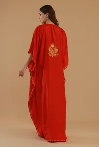 Aari Embroidered Red Satin Kashmiri Kaftan- Free Size image 4