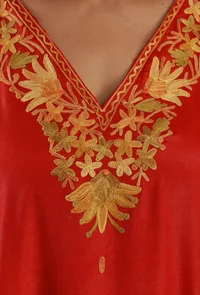 Aari Embroidered Red Satin Kashmiri Kaftan- Free Size image 5
