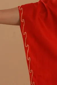 Aari Embroidered Red Satin Kashmiri Kaftan- Free Size image 6