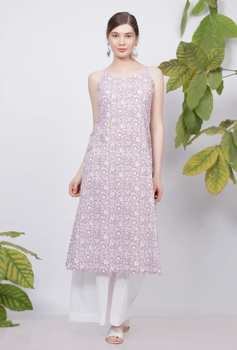Lilac Floral Hand-Block Printed Cotton Straight Fit Slip