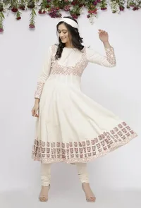 Set of 2 : Off White Cotton Hand-Block Printed Anarkali Paired with White Cotton Chooridar image 1