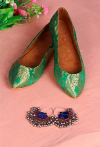 Green Pointed Toe Brocade Ballerina Flats image 1