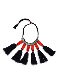 Red and Black Thread Silver Tribal Necklace image 2