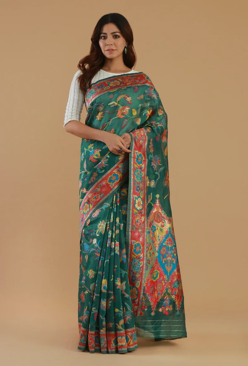 Floral Kani Weave Silk Wool Saree with Unstitched Blouse