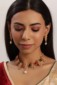 Antique Finish Laxmi Devi Jewellery Set With Square Stones image 1