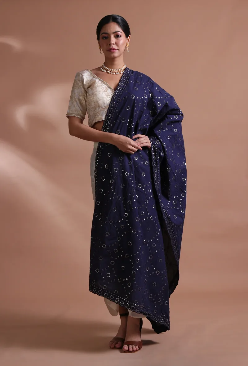 Navy Blue Color Cotton Embroidered Dupatta