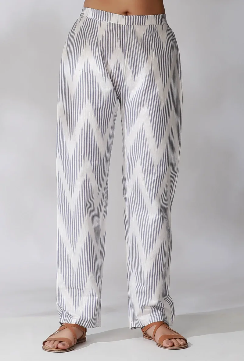 White And Blue Ikkat Straight Pants