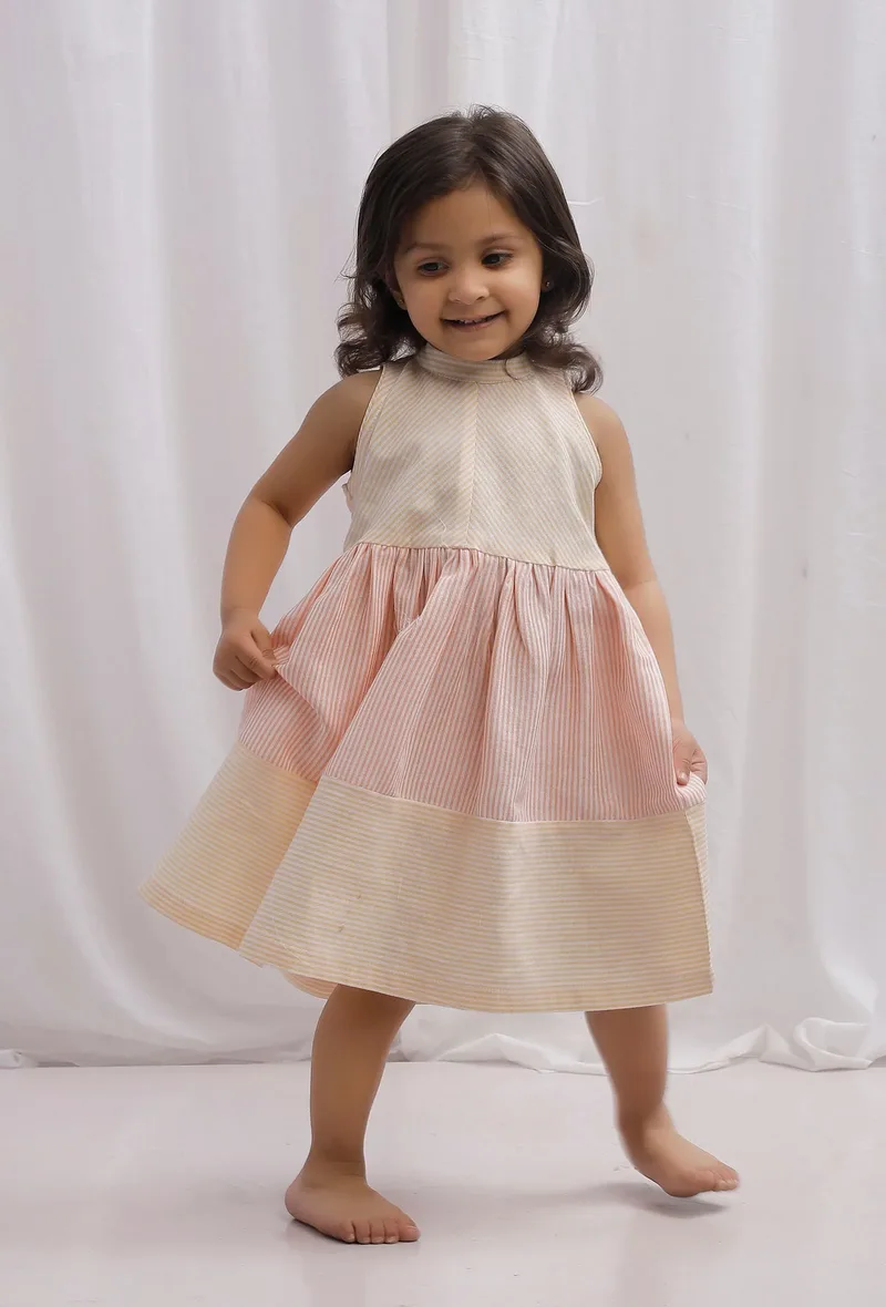 Yellow and Orange Striped Cotton Gathered Flare Dress