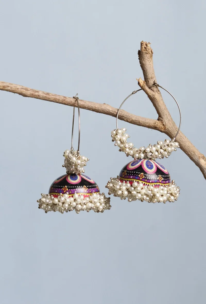 Hand Painted Purple And Blue Meenakari Jhumki