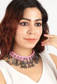 Pink Thread & German Silver Tribal Coin Choker Necklace image 1