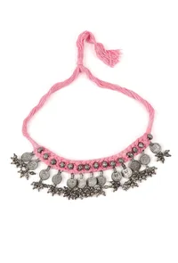 Pink Thread & German Silver Tribal Coin Choker Necklace image 2