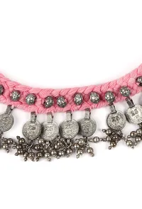 Pink Thread & German Silver Tribal Coin Choker Necklace image 3