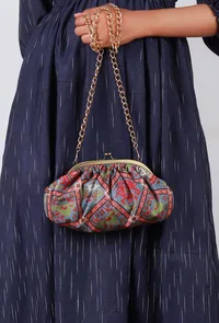 Stone Blue, Coral & Multi Silk Patola Print Gathered Clutch image 1