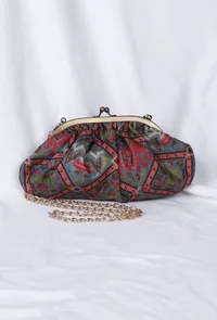 Stone Blue, Coral & Multi Silk Patola Print Gathered Clutch image 2