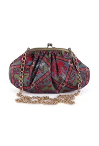 Stone Blue, Coral & Multi Silk Patola Print Gathered Clutch image 3