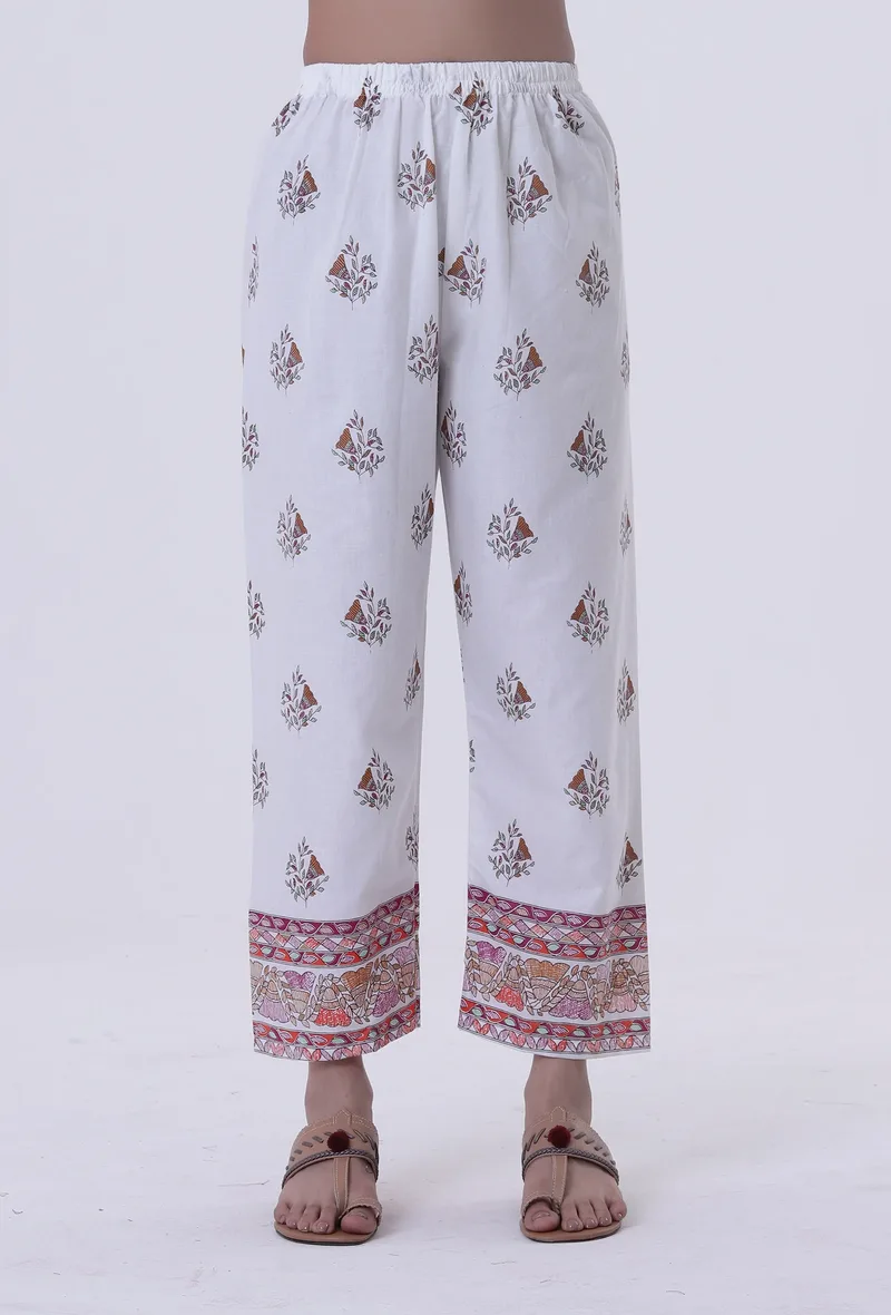 White Color Cotton Pant with Multicolor Motif