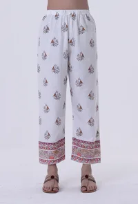 White Color Cotton Pant with Multicolor Motif image 1