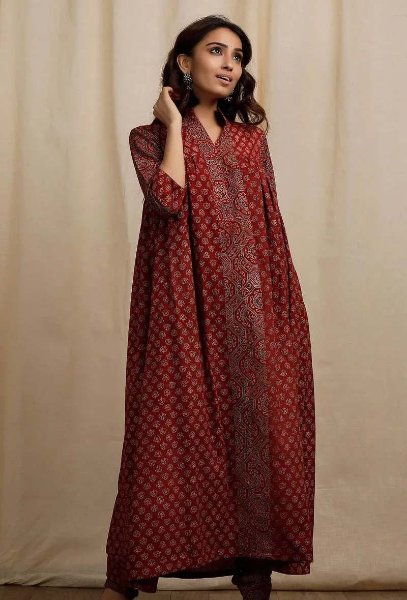 Red Ajrakh Print Gathered and Flared Kurta