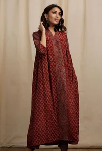Red Ajrakh Print Gathered and Flared Kurta image 1