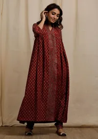 Red Ajrakh Print Gathered and Flared Kurta image 2