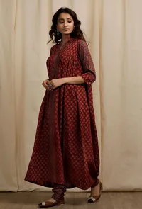 Red Ajrakh Print Gathered and Flared Kurta image 3