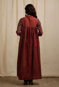 Red Ajrakh Print Gathered and Flared Kurta image 4