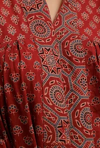 Red Ajrakh Print Gathered and Flared Kurta image 5